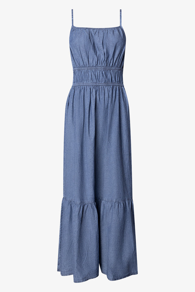 Denim Tiered Maxi Dress With Elastic Blue