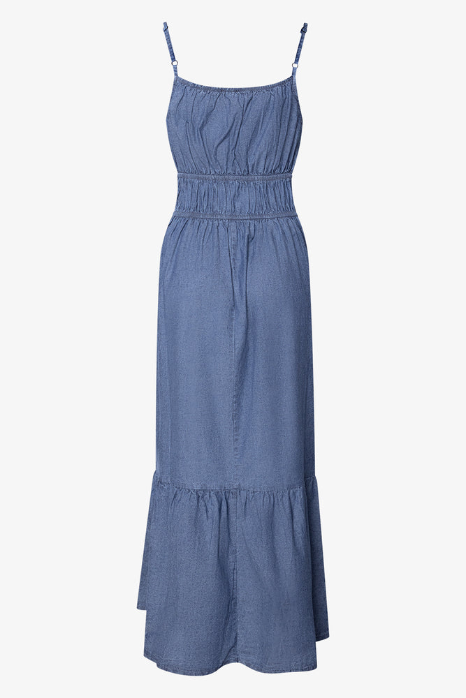 Denim Tiered Maxi Dress With Elastic Blue (1)