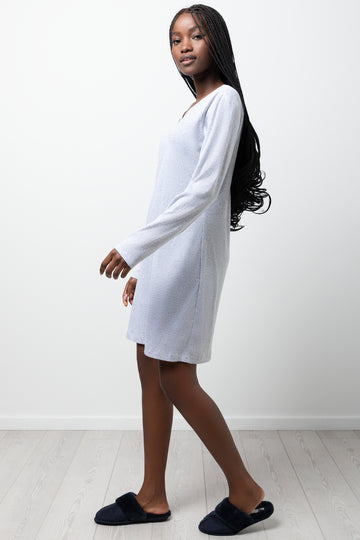 Henley V-Neck Pointelle Long Sleeve Sleepshirt Grey