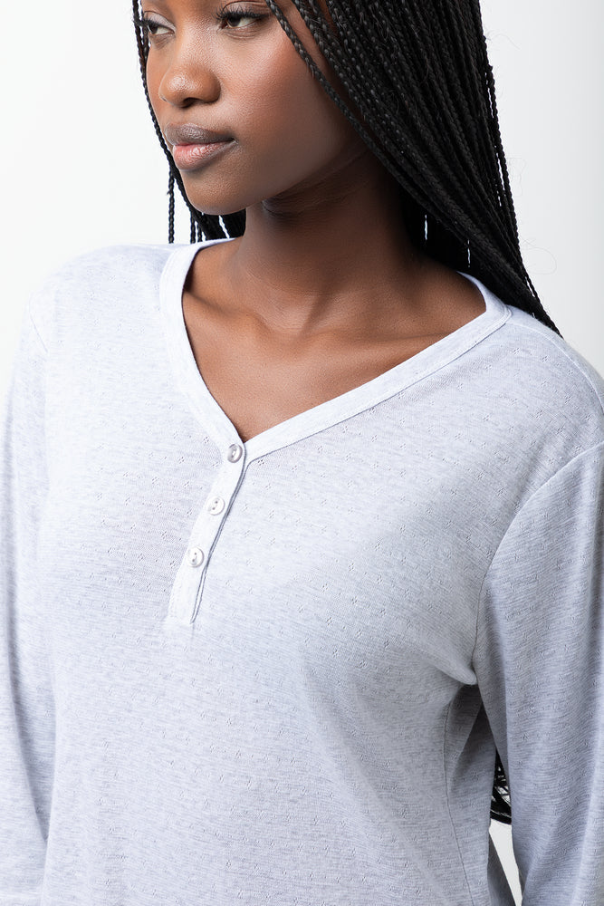 Henley V-Neck Pointelle Long Sleeve Sleepshirt Grey (3)
