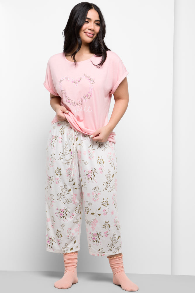 Heart Floral Capri Pyjamas Light Pink