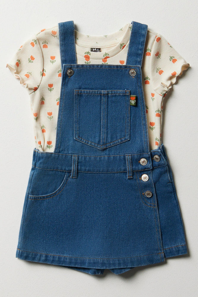 Skort Dungaree With Rib T-Shirt Blue