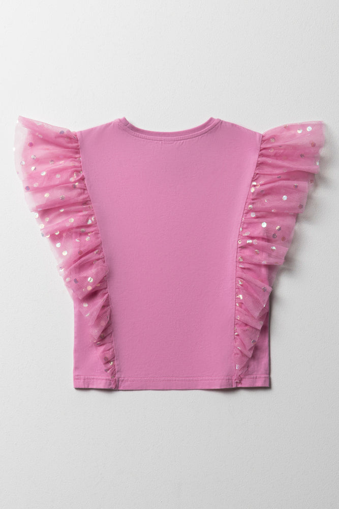 Frilled Sleeves Mesh Top Pink (2)