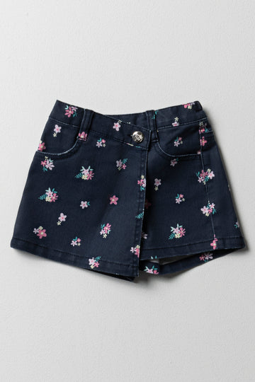 Printed Denim Skort Blue