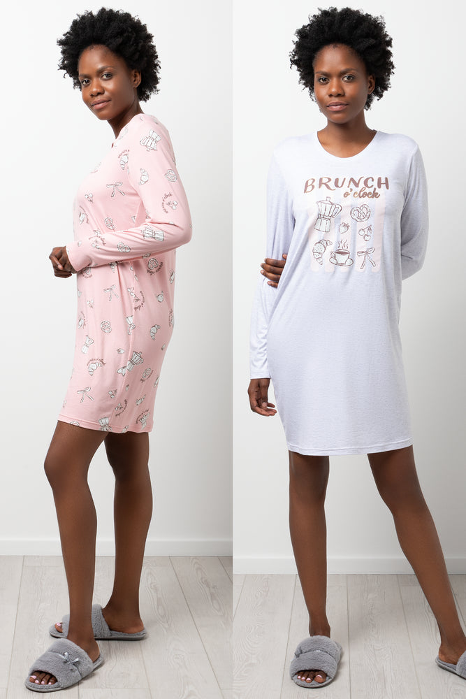2 Pack Brunch O Clock Long Sleeve Sleepshirts Grey And Pink
