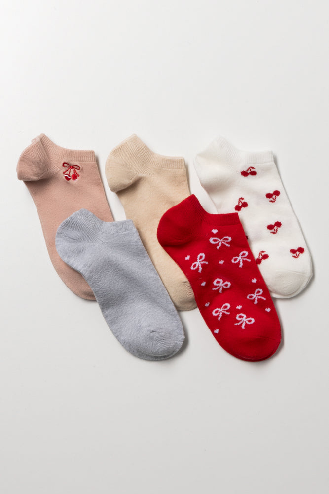 5 Pack Cherry Low Cut Socks Multicolour