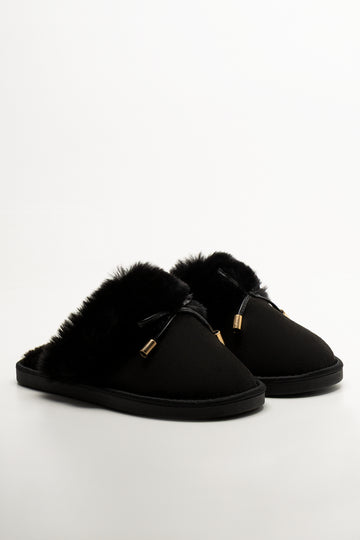 Bow Fur Trim Slippers Black