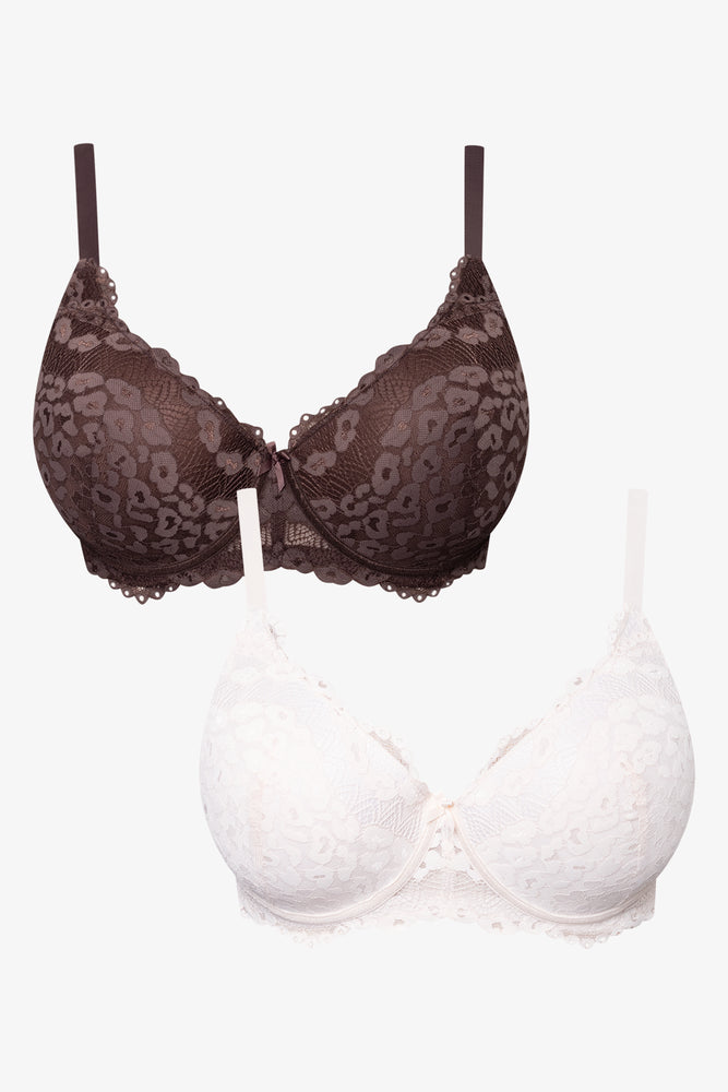 Plus Size 2 Pack  Lace Balconette Bra Brown And White
