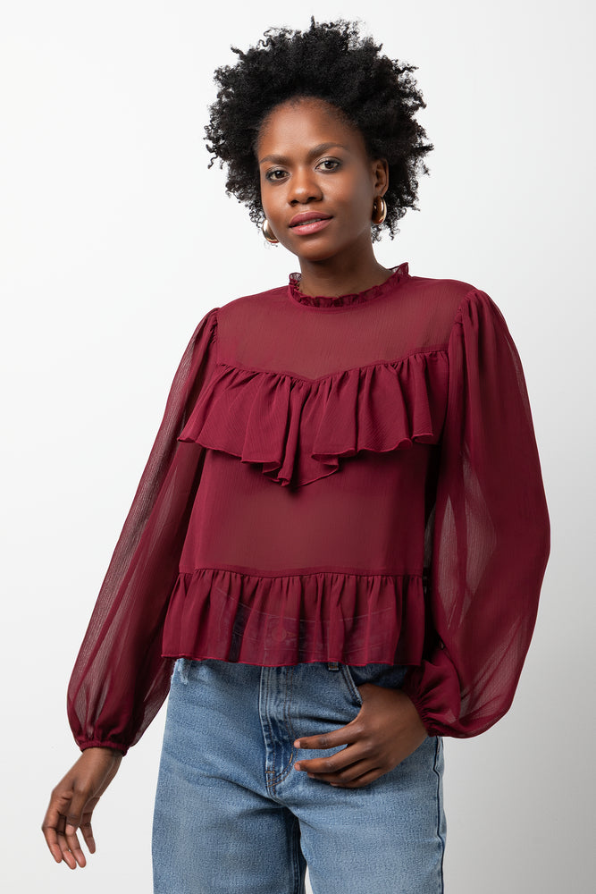 Long Sleeve Chiffon Frill Blouse Burgundy