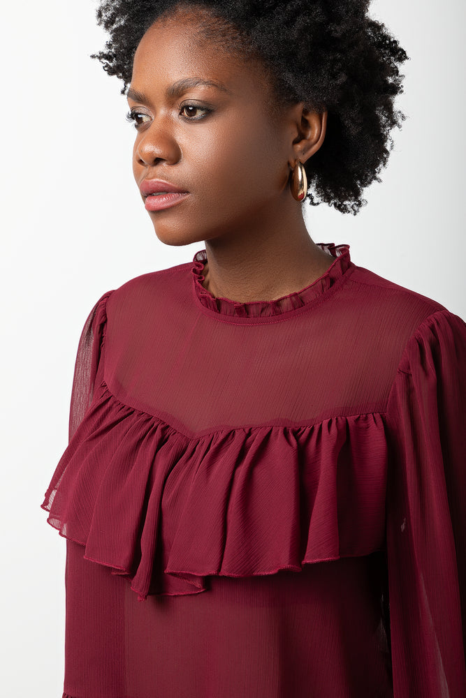 Long Sleeve Chiffon Frill Blouse Burgundy
