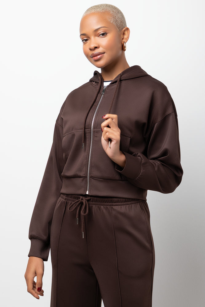 Cropped Zip Through Hoodie Brown