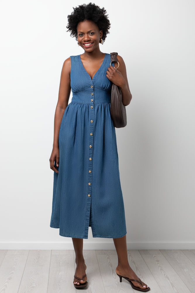 Button Down Midi Denim Dress Blue