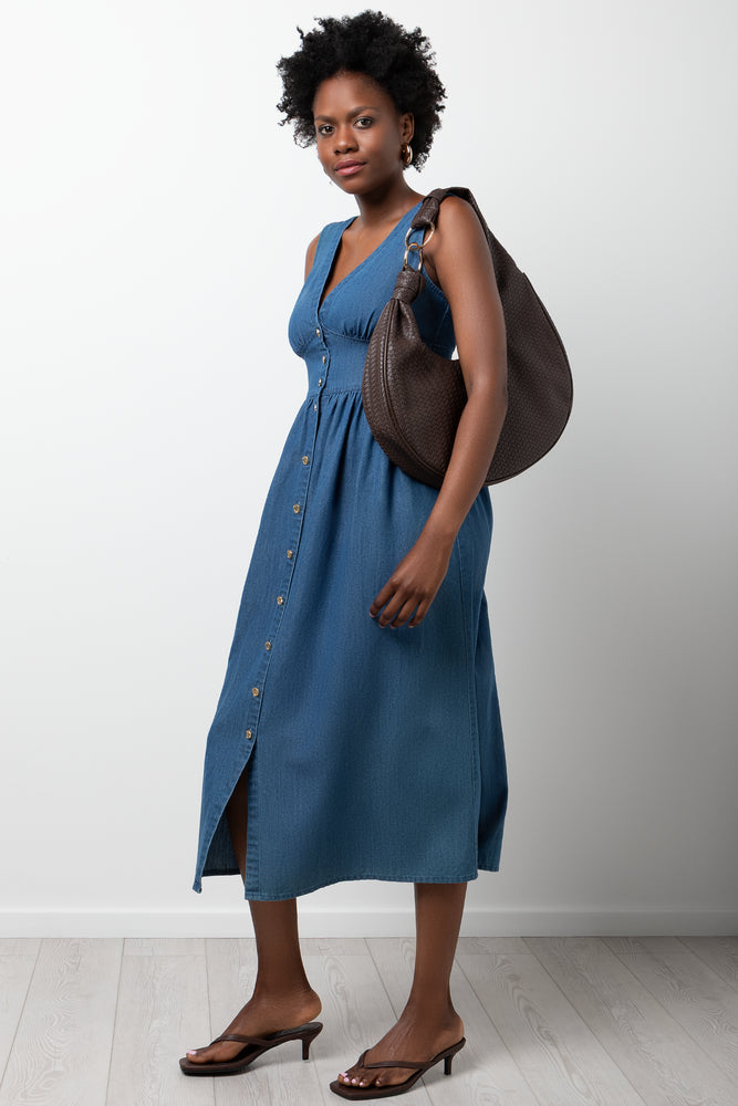 Button Down Midi Denim Dress Blue