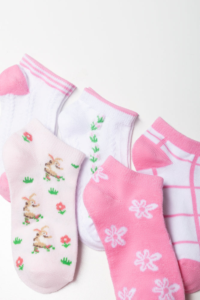 5 Pack Flower Socks Pink And White (1)
