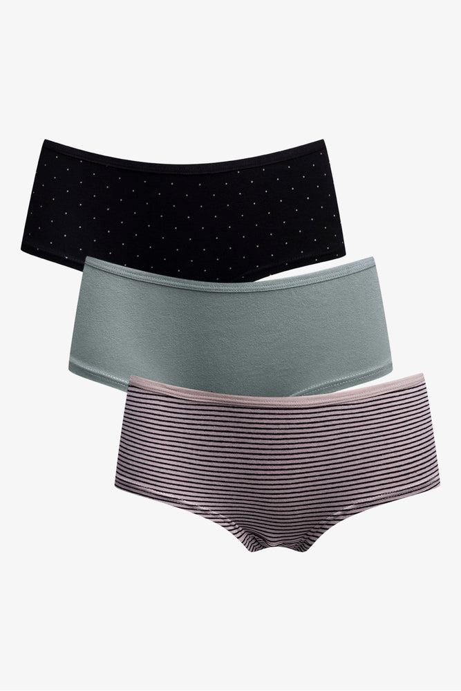 3 PACK COTTON BOYLEG BLACK  GREEN & MOCHA