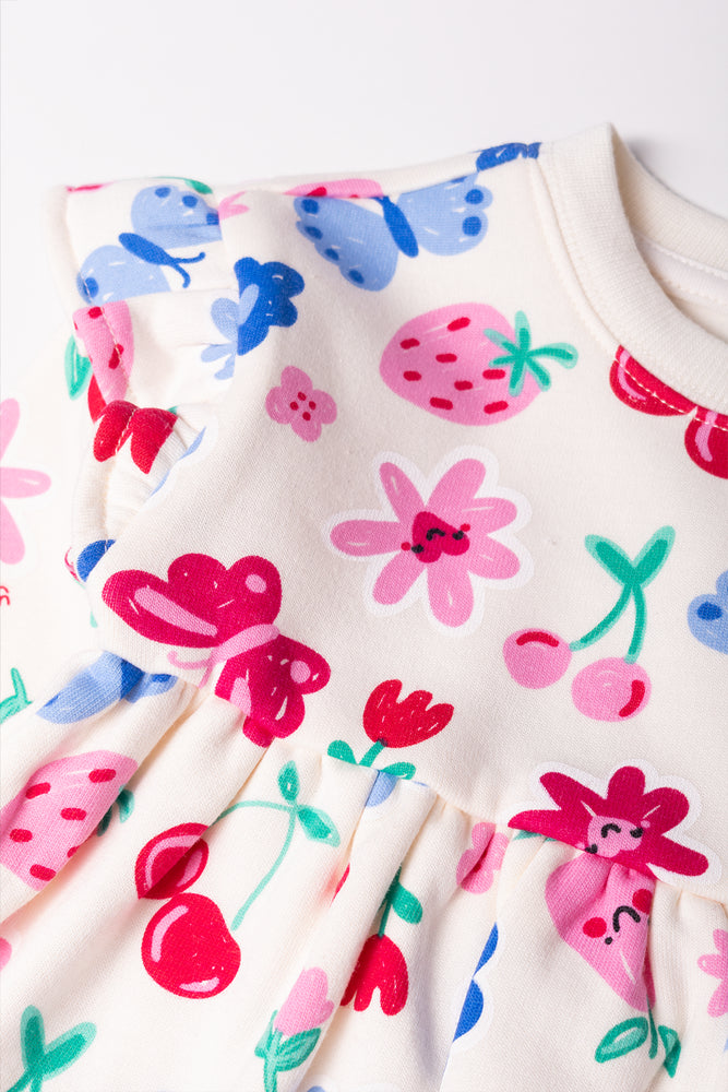 Fleece Dress with Frills & Flower Print