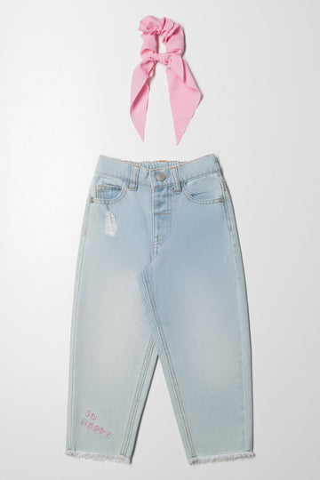 Mini Mom Denim Jeans And Scrunchie Light Blue And Pink