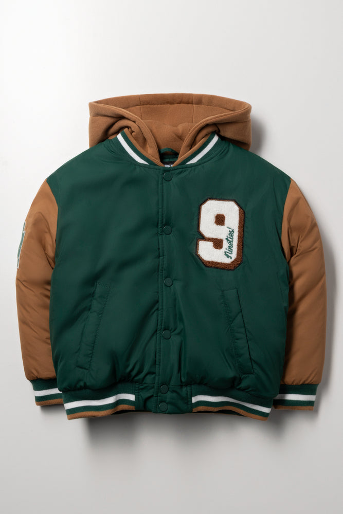 Hooded Baseball Jacket Green And Brown