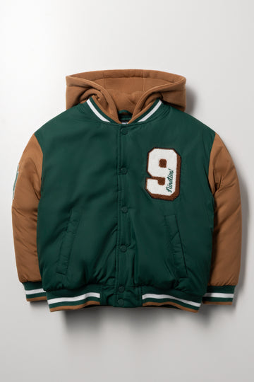 Hooded Baseball Jacket Green And Brown