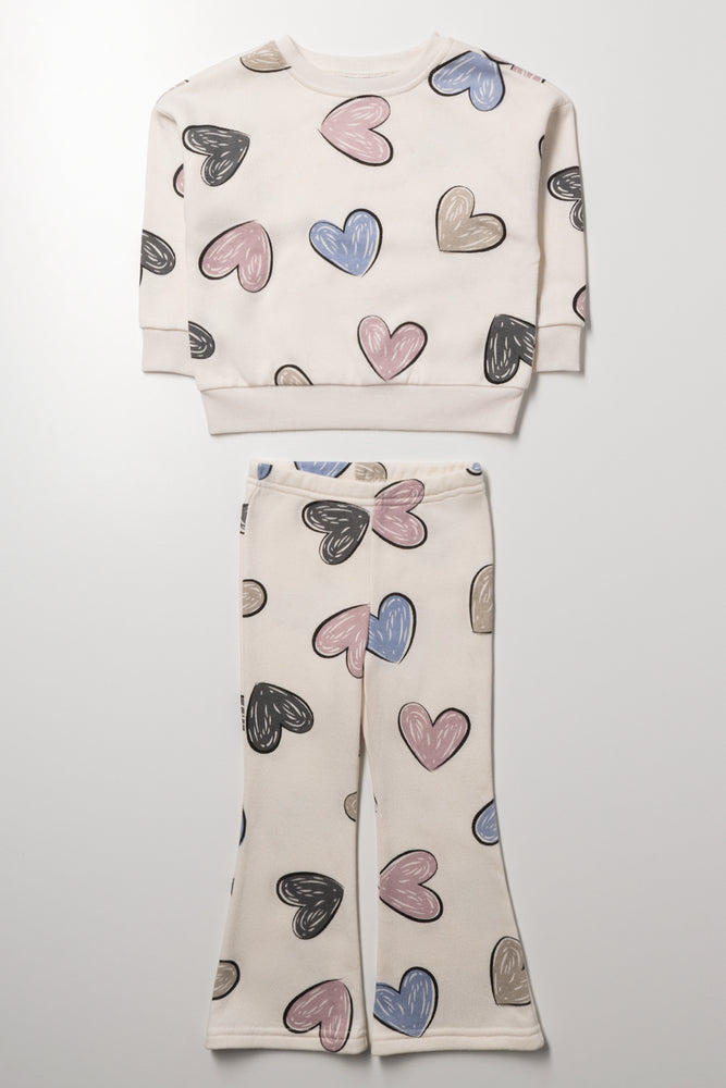Heart Crew Neck Tracktop And Rib Flare Leggings Set Multicolour