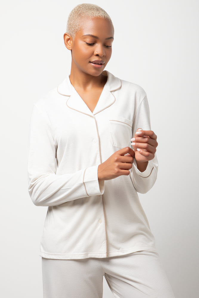 Long Sleeve Button Through Pyjamas Natural