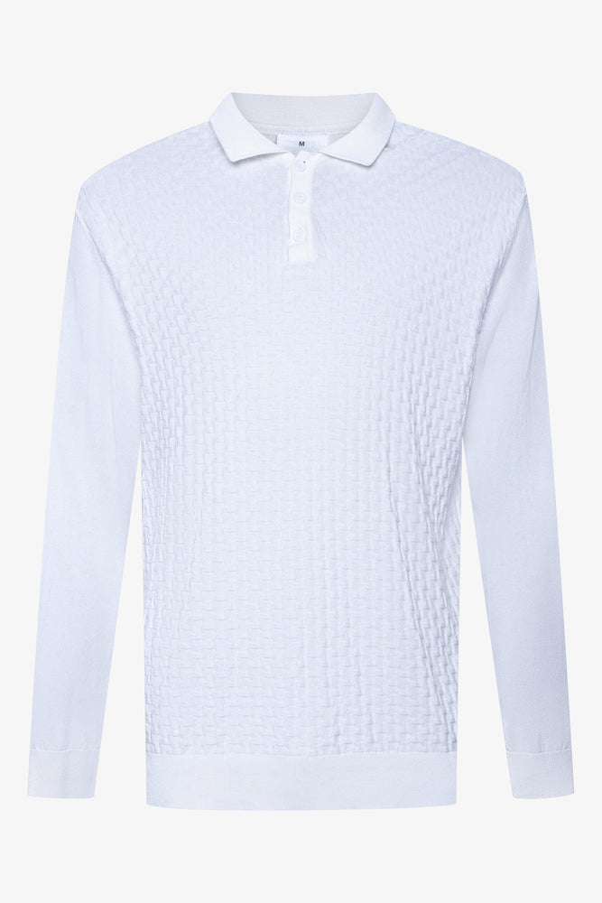 Basket Weave Long Sleeve Golfer White