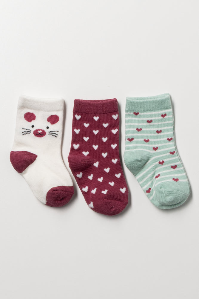 3 Pack Hearts And Mouse Socks Burgundy