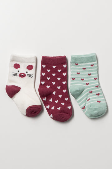 3 Pack Hearts And Mouse Socks Burgundy