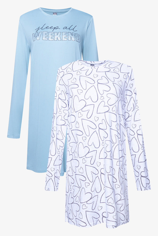 2 Pack Long Sleeve Sleep Shirts Blue And White