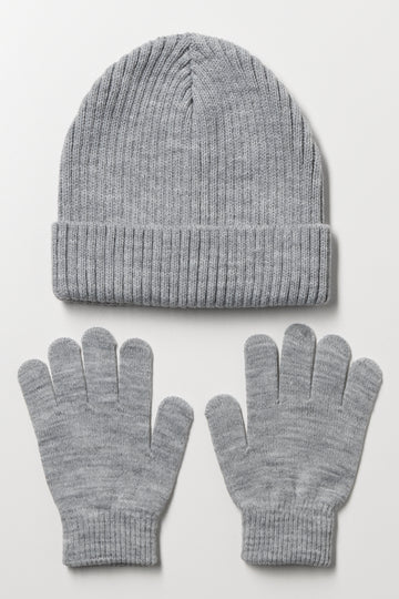 Gloves and Ribbed Beanie Set Grey