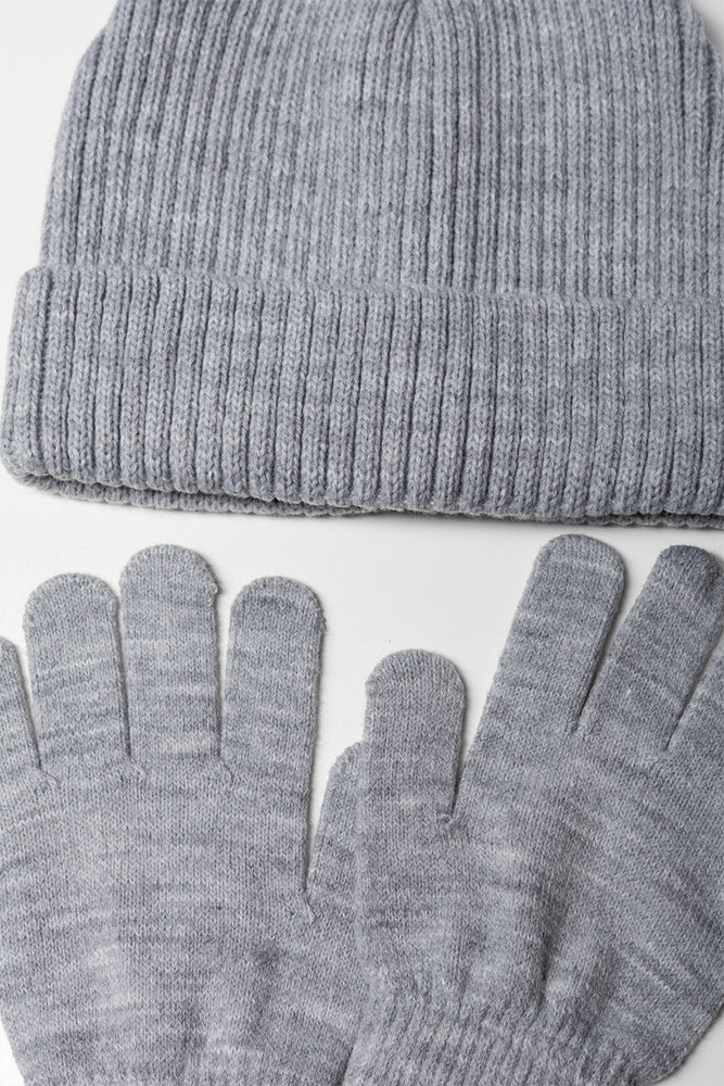Gloves and Ribbed Beanie Set Grey