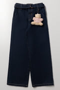 Belted Wide Leg Denim Jeans With Bear Dark Blue