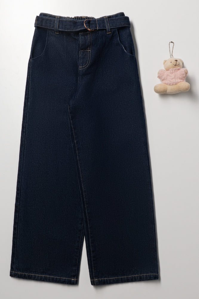 Belted Wide Leg Denim Jeans With Bear Dark Blue (2)