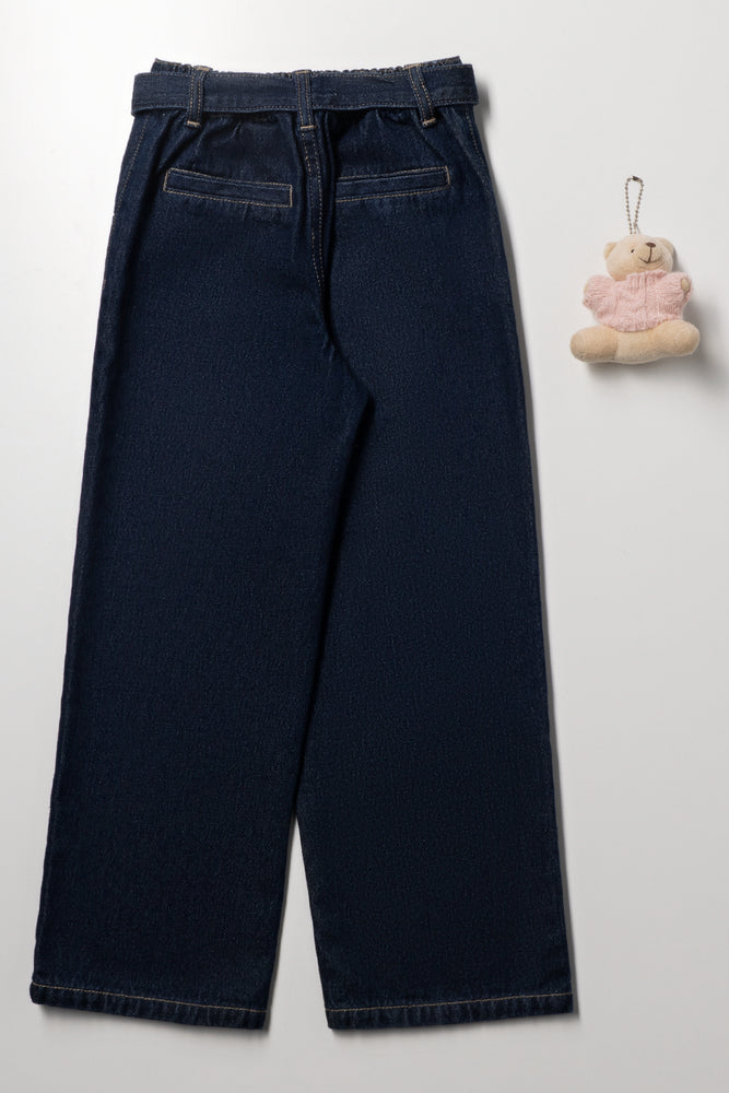Belted Wide Leg Denim Jeans With Bear Dark Blue (3)