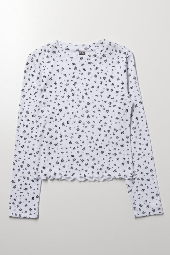 Ditsy Rib Long Sleeve T-Shirt White