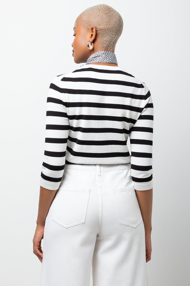 Stripe Quarter Sleeve Crew Neck Knit Top Black And White (2)