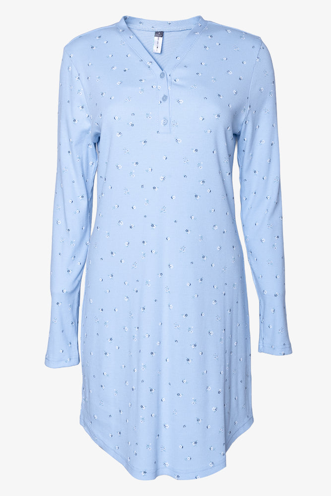 Henley V-Neck Rib Long Sleeve Sleepshirt Blue