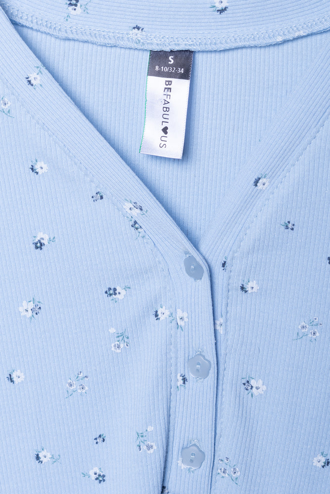 Henley V-Neck Rib Long Sleeve Sleepshirt Blue (2)