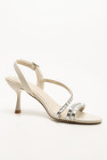 Diamante Assymetrical Heel Sandals Cream (1)