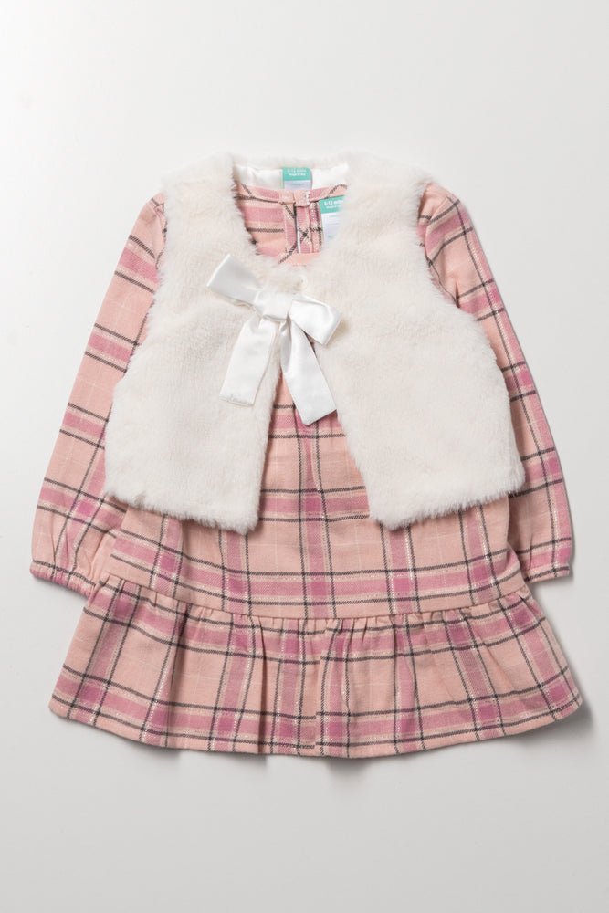 Check Tiered Dress Set Pink And White