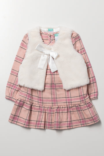 Check Tiered Dress Set Pink And White