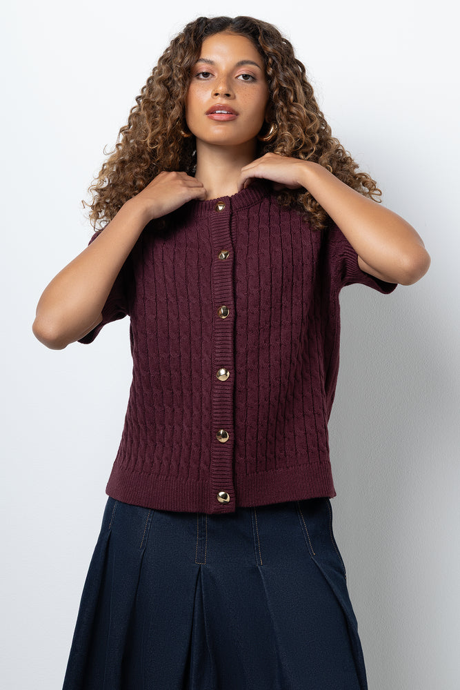 Short Sleeve Cable Cardigan Burgundy