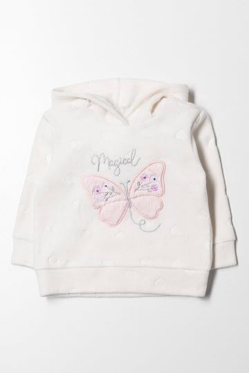 Cream Heart Print Fleece Hoodie