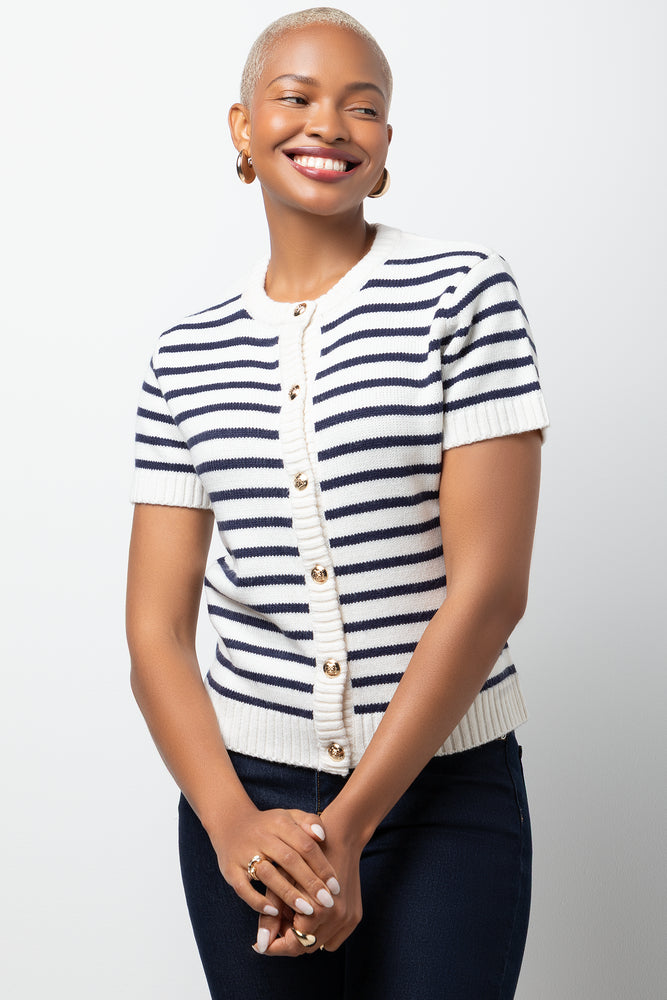 Stripe Short Sleeve Cardigan White And Navy