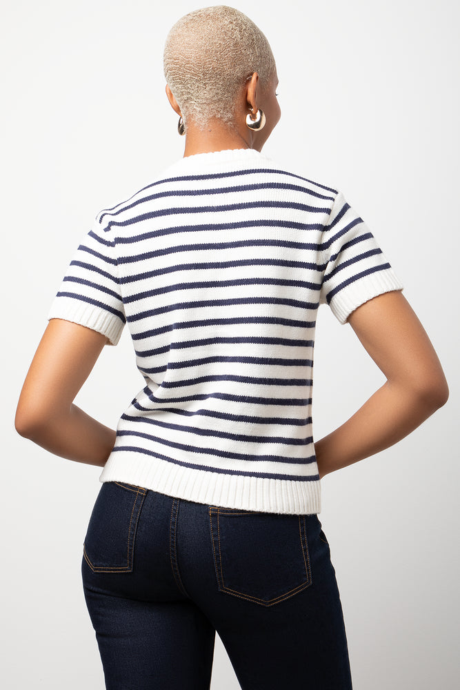 Stripe Short Sleeve Cardigan White And Navy (2)