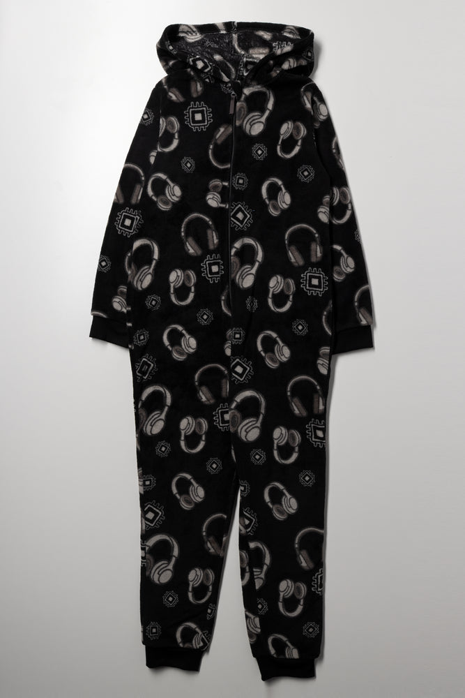 Headphones Print Fleece Onesie Black