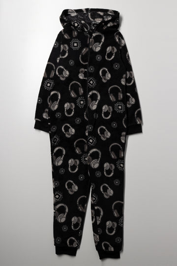 Headphones Print Fleece Onesie Black