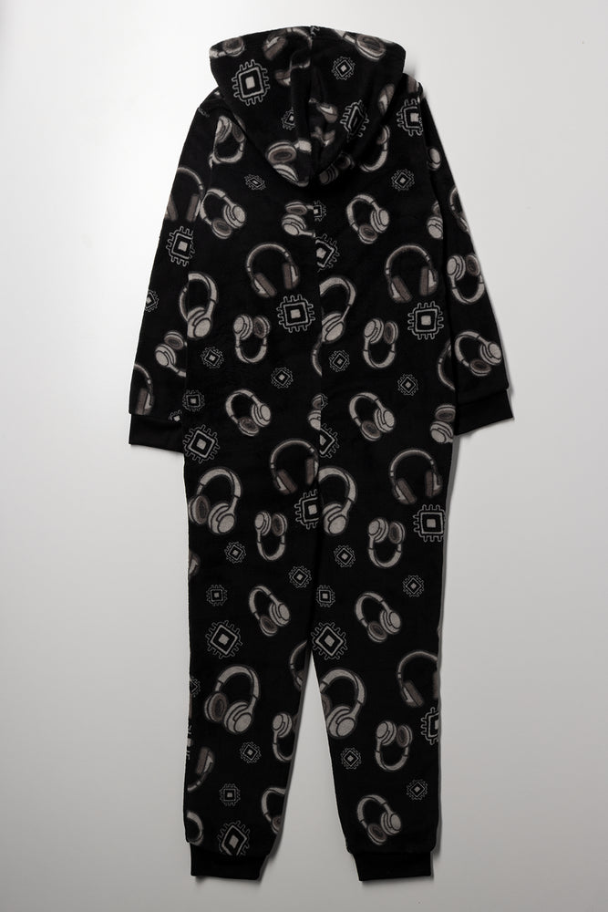 Headphones Print Fleece Onesie Black (2)