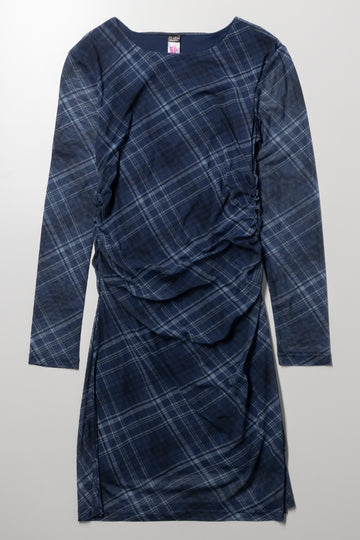 Long Sleeve Mesh Rouched Dress Blue