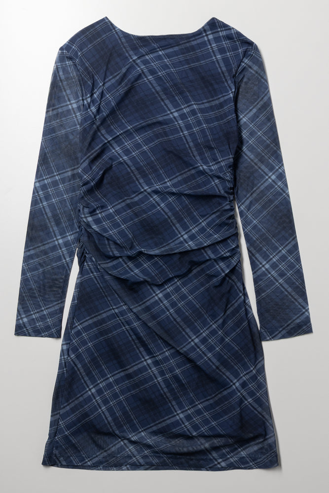Long Sleeve Mesh Rouched Dress Blue (2)